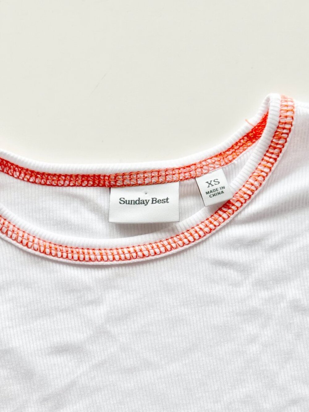 Aritzia SUNDAY BEST Dove White Modal Ribbed Jersey Orange Seam T-Shirt, Size XS - Picture 9 of 14